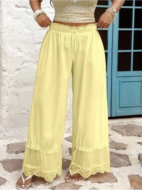 NEW ARRIVAL Wide-Leg Lace Hem Pants - Yellow